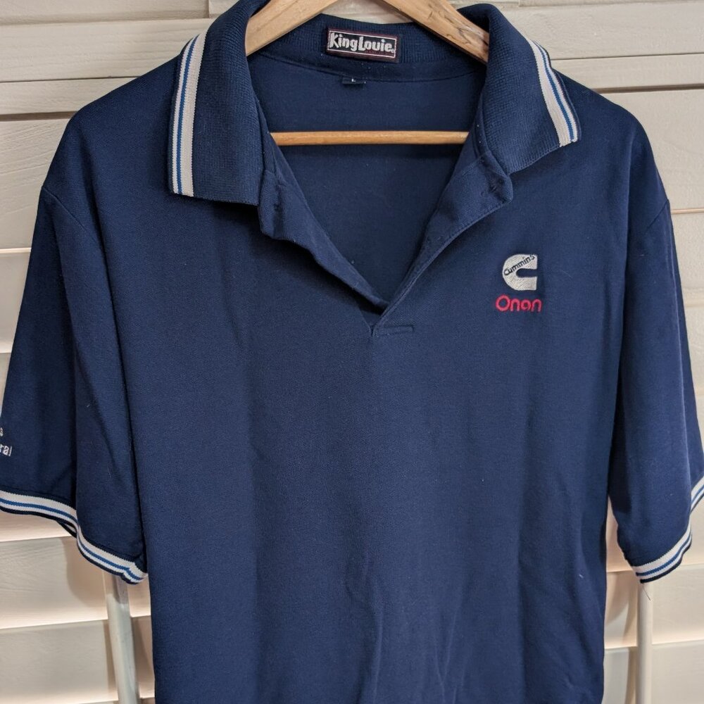 Vintage Cummins Onan North Central Large Polo Navy White Stripe